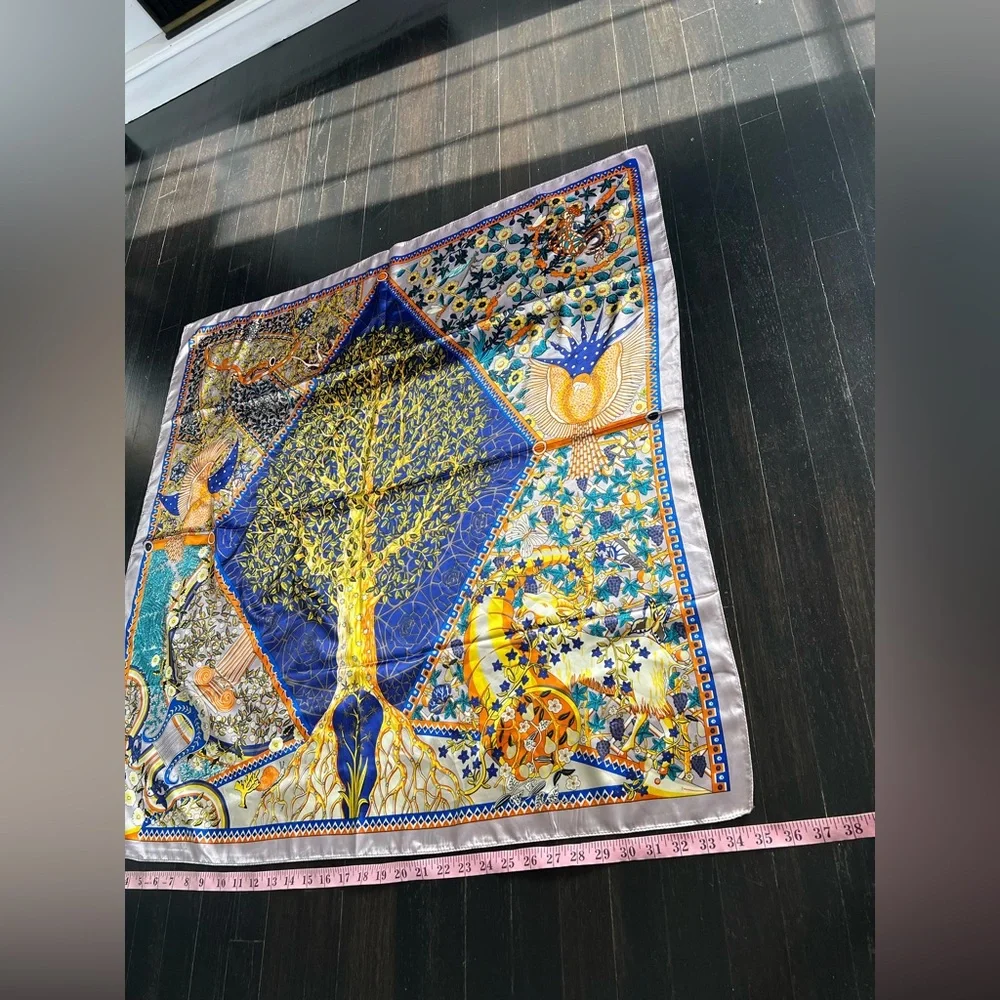 Elegant Blue and Gold Tree of Life Scarf 100% silk